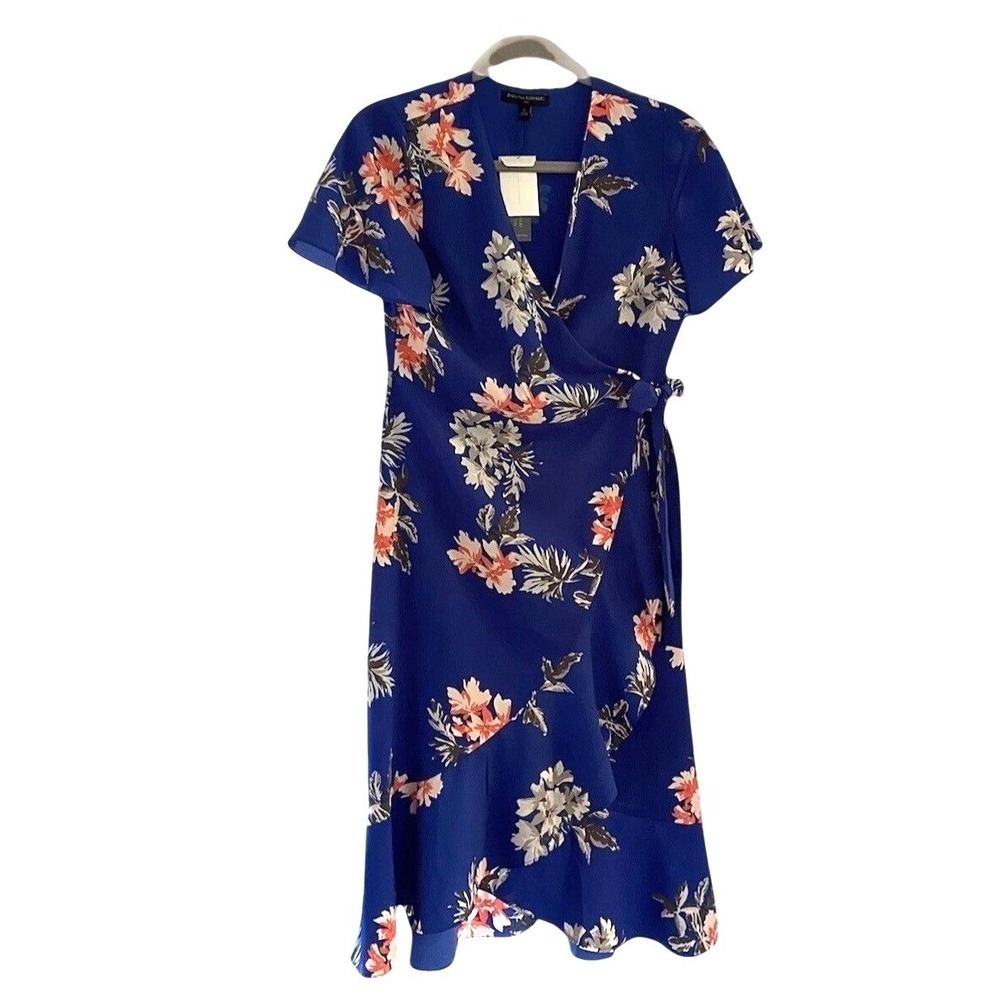 Banana Republic Floral Wrap Dress Womens 2 Blue Midi Flutter Sleeve